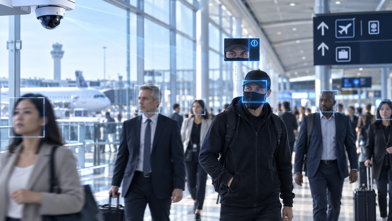 空港コンコースのイメージ図。行き交う旅客に顔検出の枠が表示され、うち1名にウォッチリストの警告が出ています