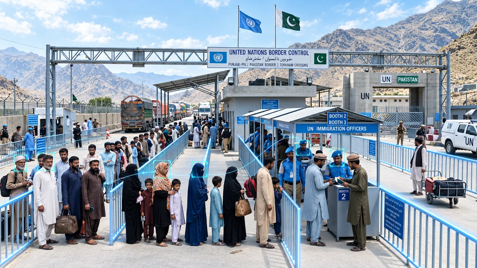 国境検査場のイメージ図。国際連合とパキスタンの旗が掲げられたトルハム検問所で、旅客が入国審査ブースに並び、国連の入国審査官が対応しています。国際連合のプロジェクトを撮影した写真ではありません