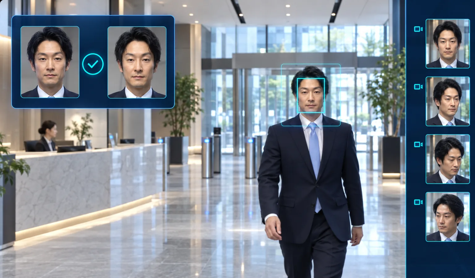 顔認証ゲートを備えた日本のビジネスプラザのイメージ図。ゲートに向かう人物を検出枠で囲み、参照写真と照合し、取得した顔画像を映像の横に並べています。CTCの実際の設置事例ではありません