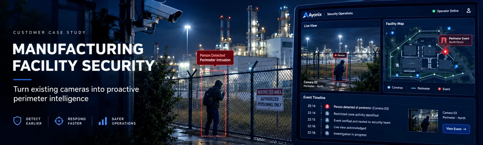 Illustrative industrial site at night with detection boxes drawn around people near a fence line