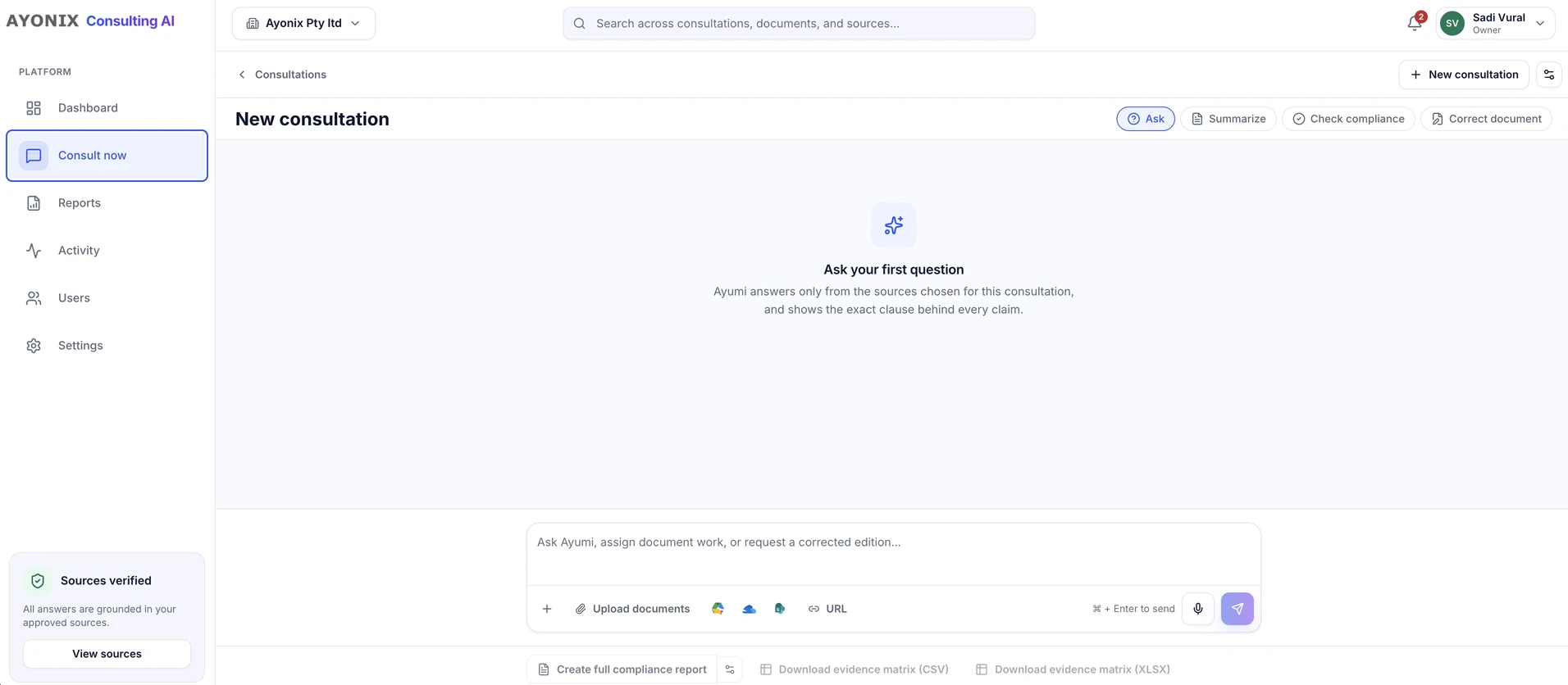 The Ayonix Consulting AI consultation screen, with Ask, Summarize, Check compliance and Correct document across the top and a composer that accepts uploads, cloud files and URLs