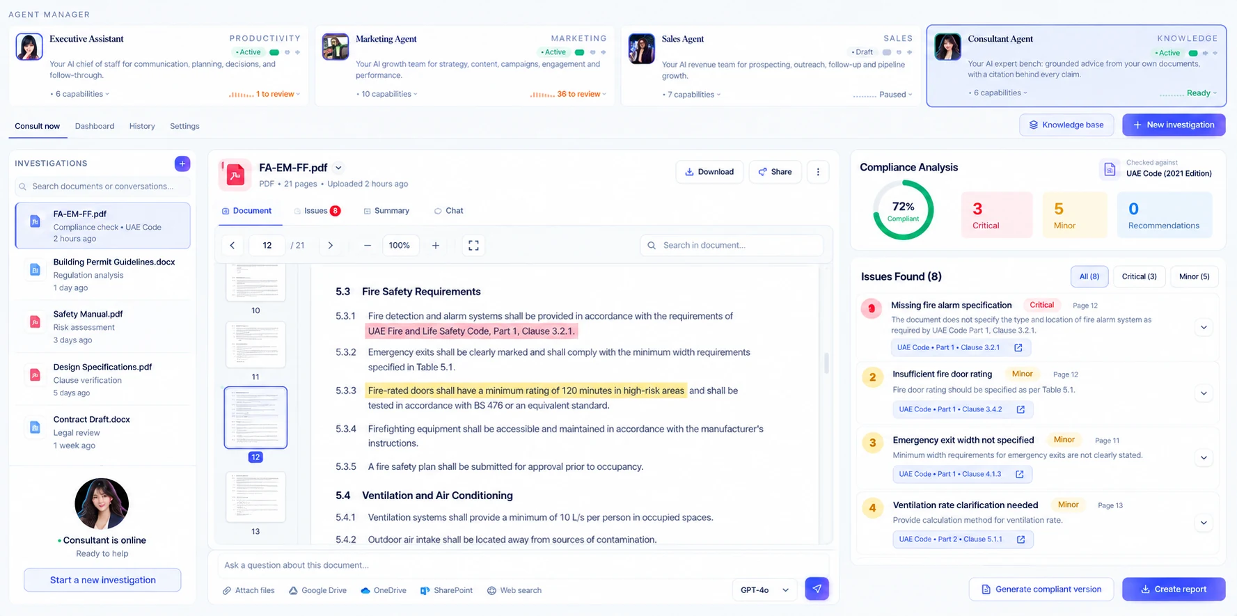 Atlas compliance investigation view, with a document, its findings by severity and the clause behind each one