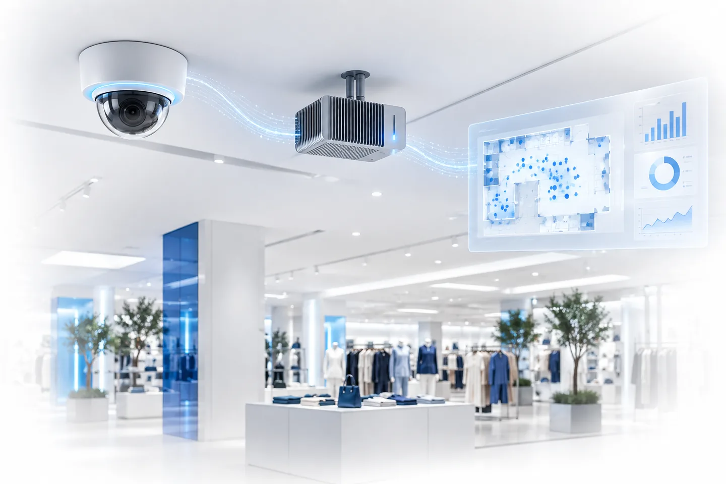 A ceiling camera and a compact edge AI appliance above a bright retail floor, linked to an analytics display