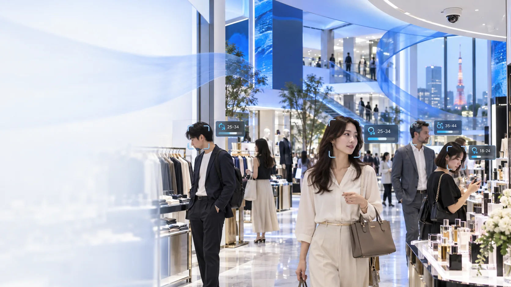 Shoppers moving through a bright department store, with anonymous age-band markers floating beside several faces