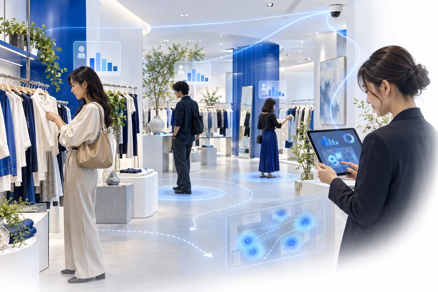 A store manager reviewing anonymous audience analytics on a tablet while shoppers browse the floor behind her