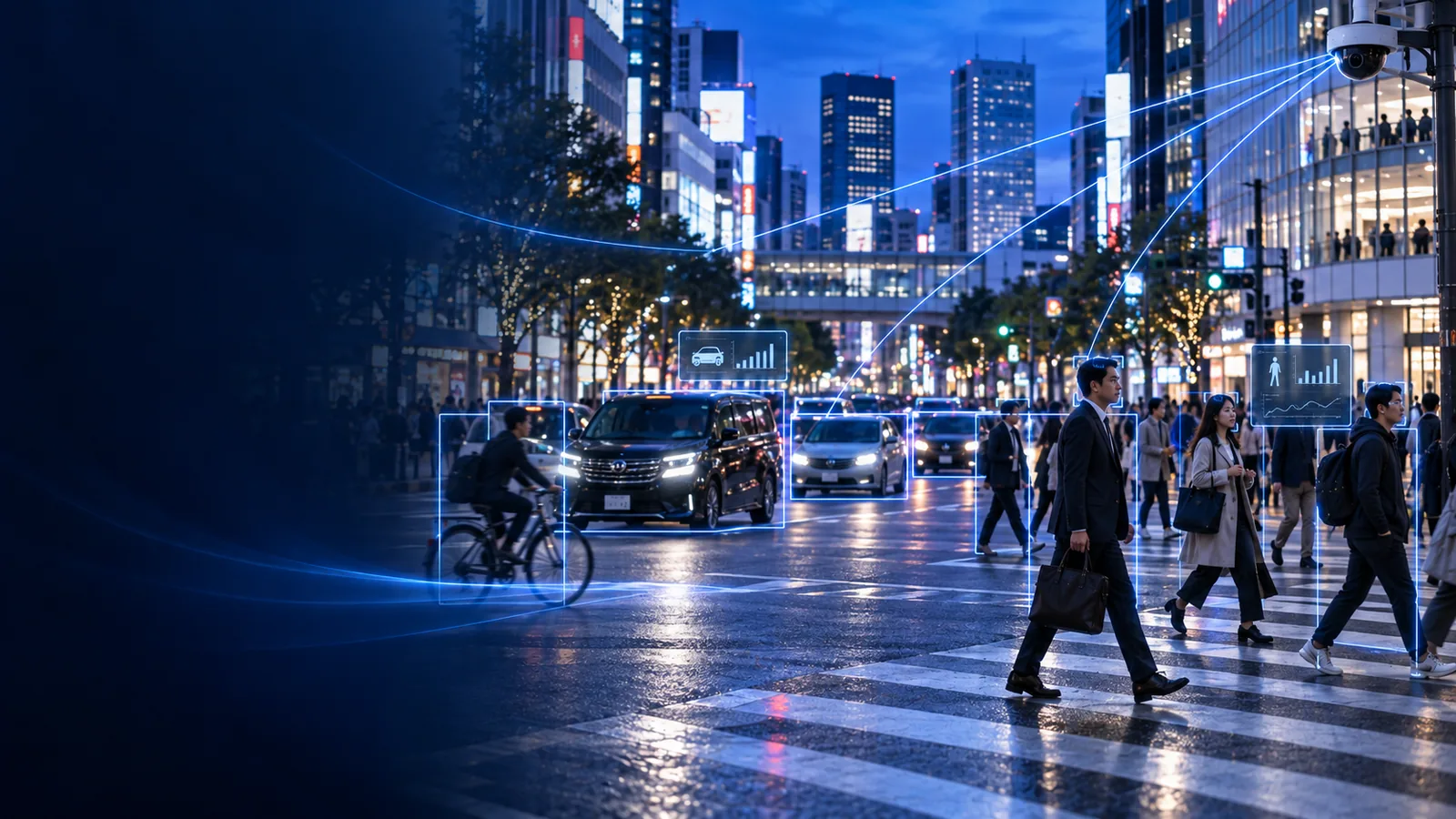 夕暮れの交差点。歩行者・自転車・車両に検知枠が表示されています