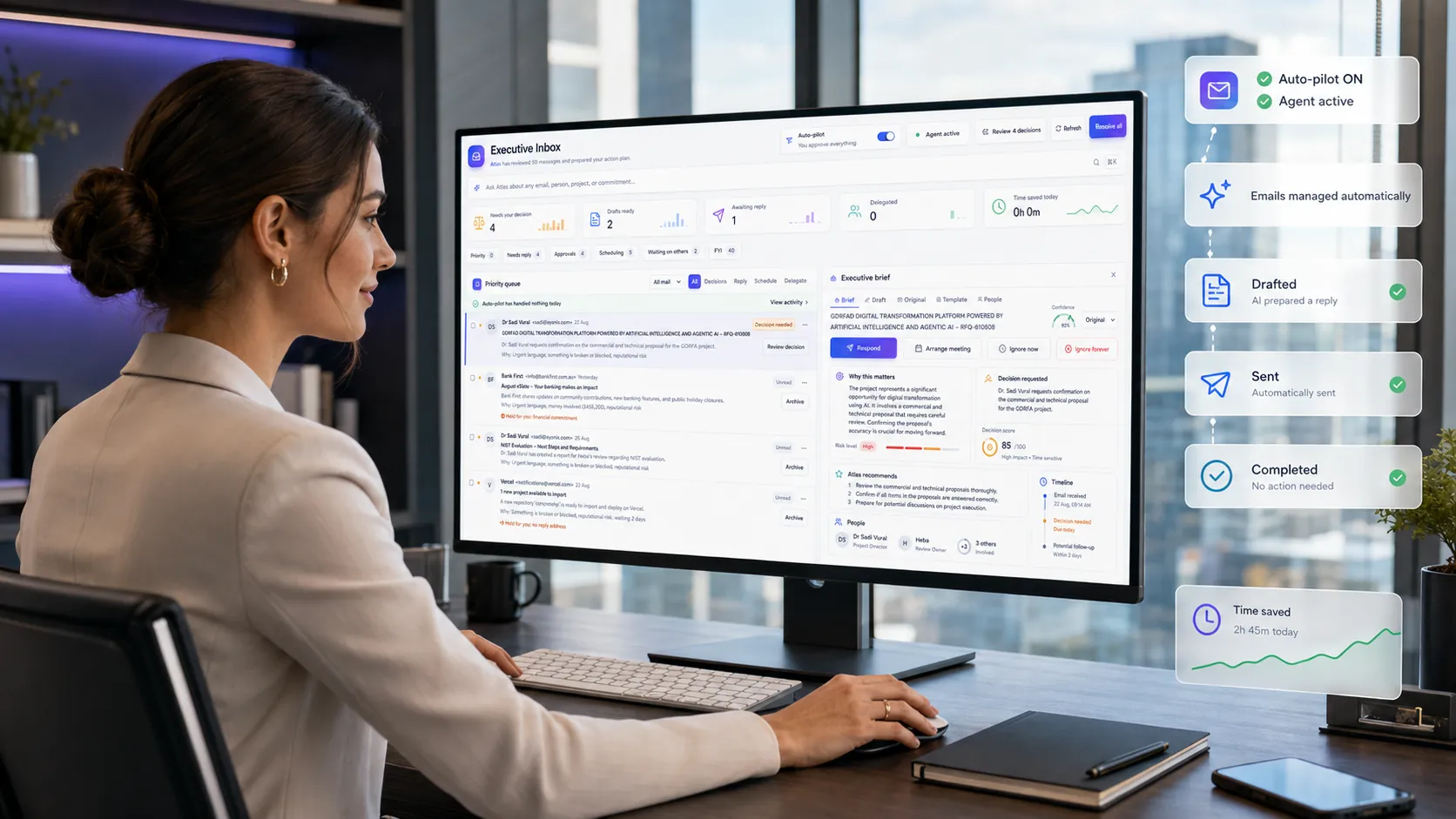 The Atlas executive inbox with auto-pilot, drafted replies and an approval step