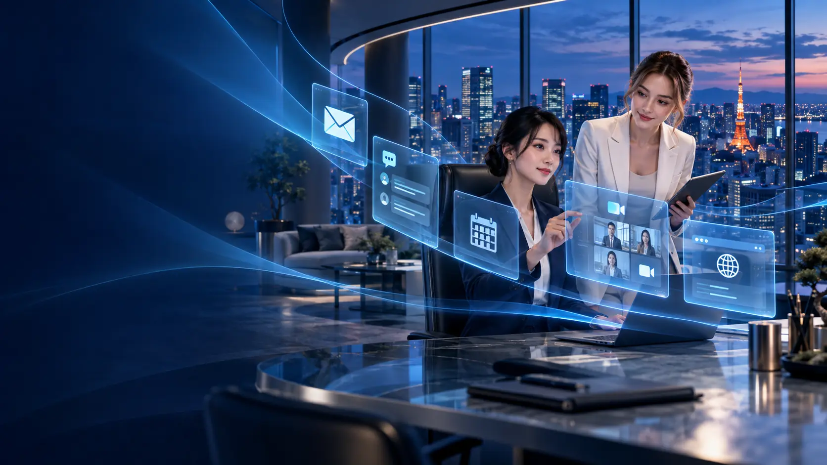 Two executives reviewing email, messaging, calendar and video-meeting panels in a Tokyo office at night
