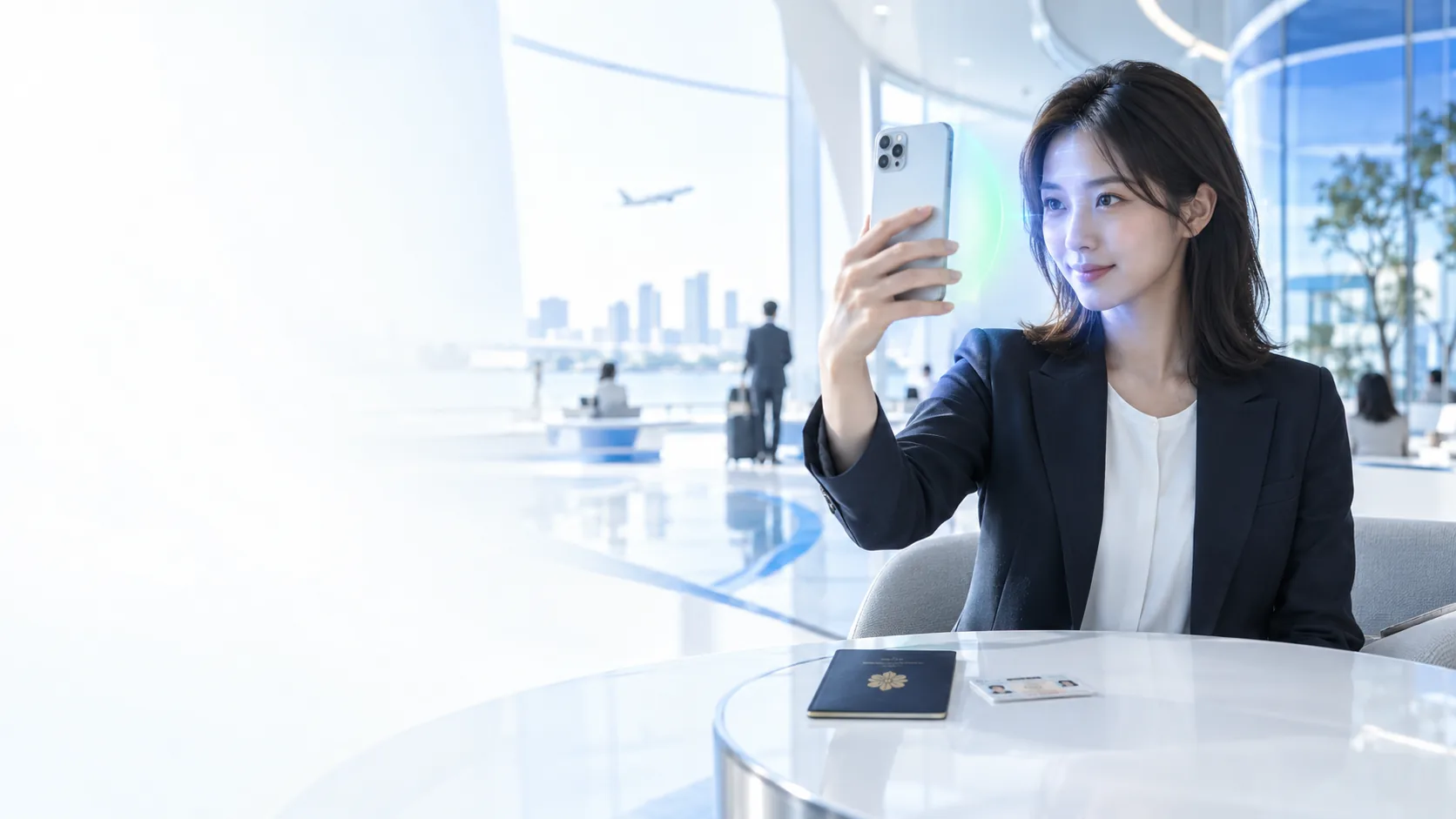 明るいガラス張りのターミナルで、スマートフォンを掲げて自撮りをする人物