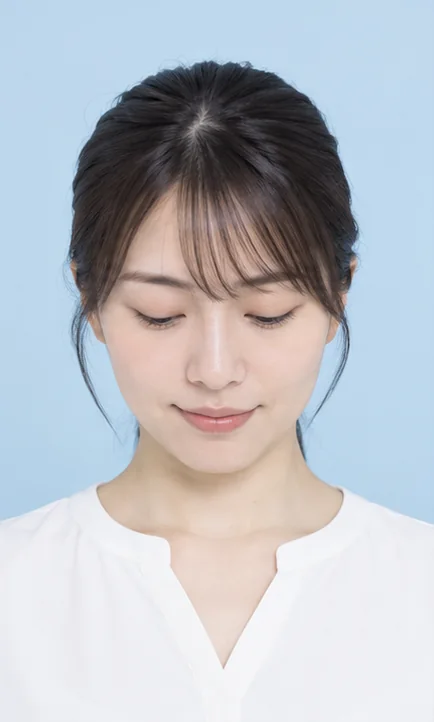 視線を落とし、顔を下に向けている人物