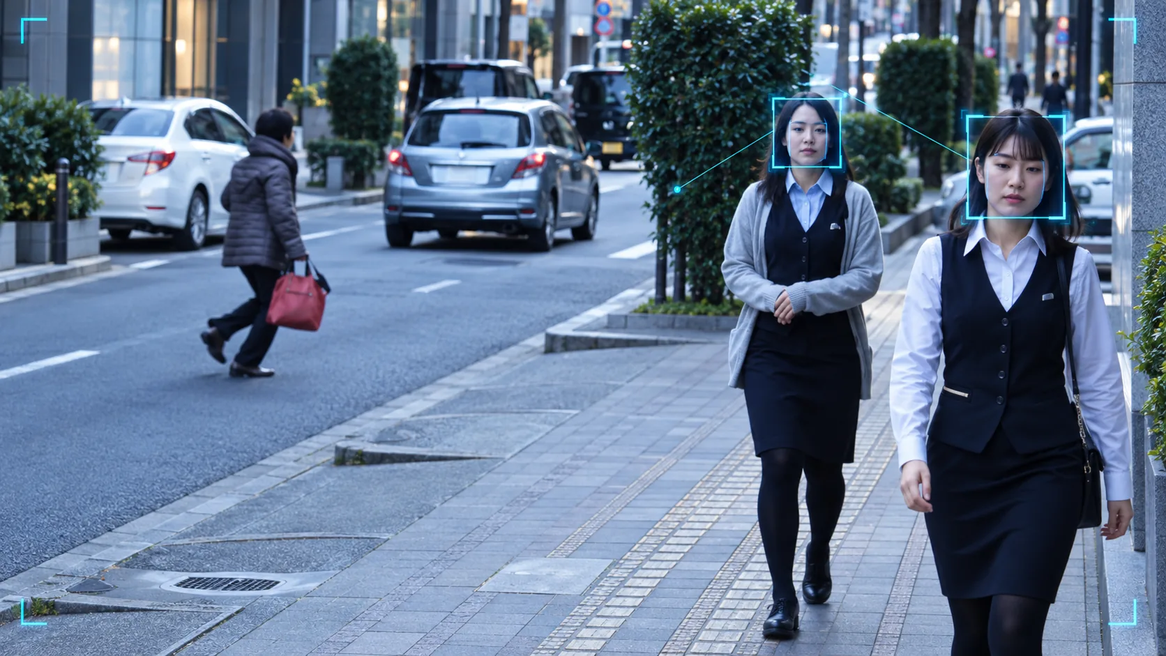 Two people walking along a city street, each face framed by a detection box drawn over the video