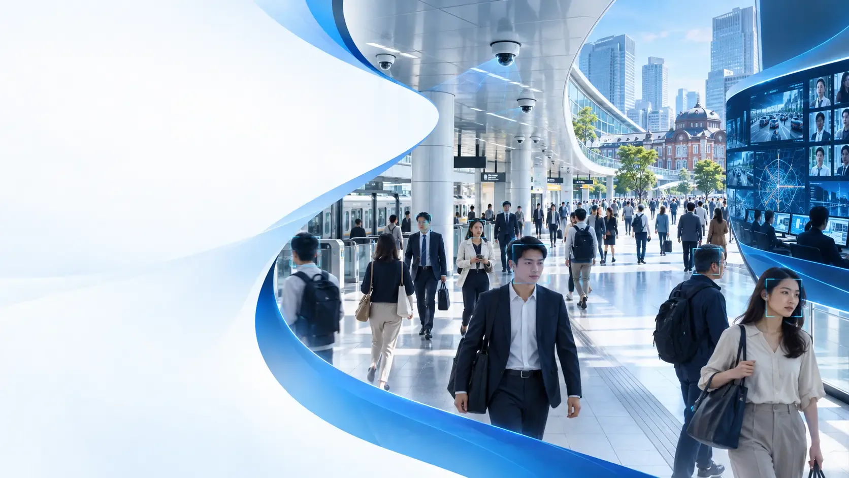 Illustrative public plaza with people walking, overlaid with a discreet camera-network graphic