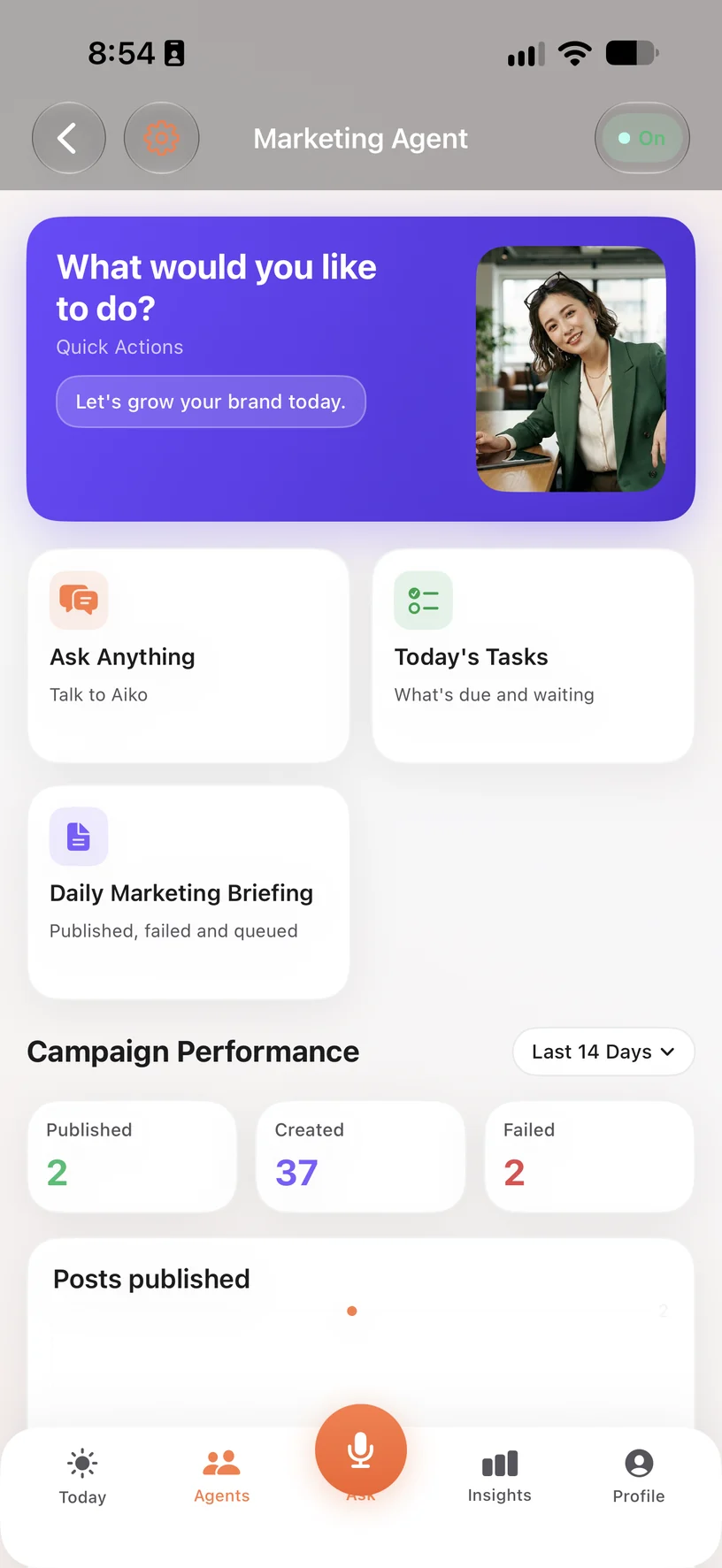 The Atlas AI Agent app on iPhone, showing the Marketing Agent home with the daily briefing and campaign performance for the last fourteen days