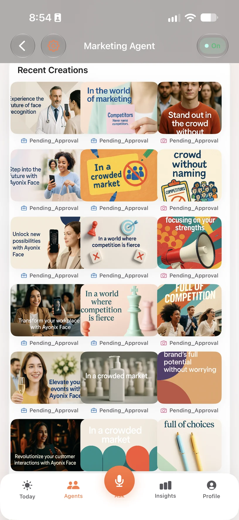 The Atlas AI Agent app on iPhone, showing recent creations waiting for approval before anything is published