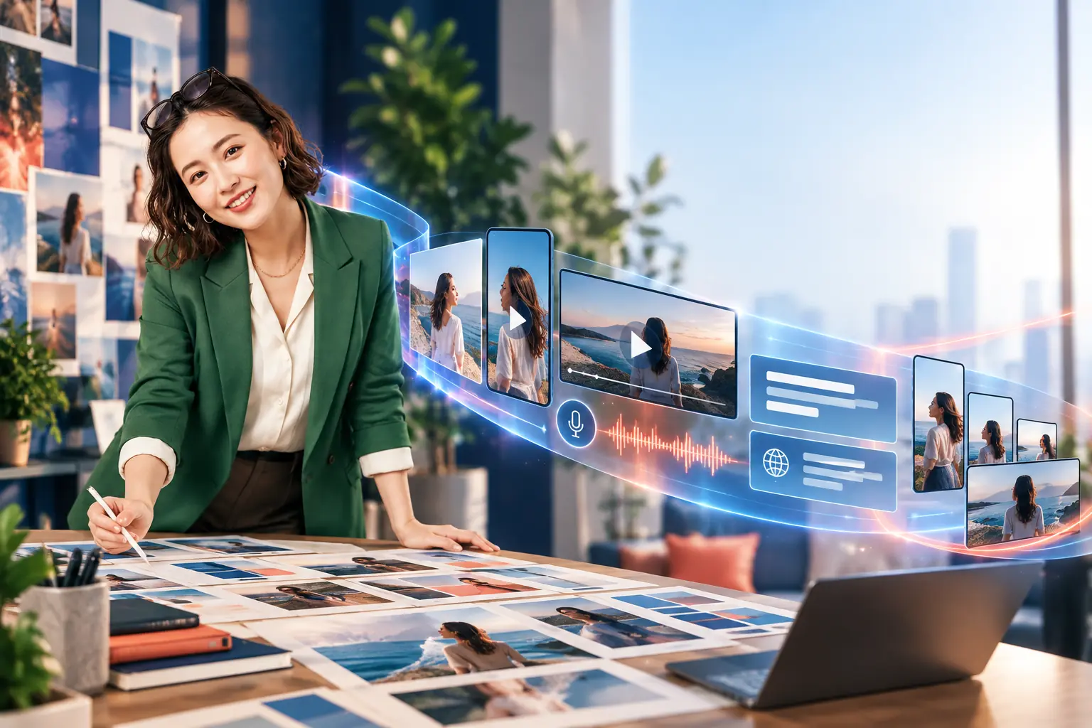 A creative studio composition showing campaign stills, video frames and an editing timeline