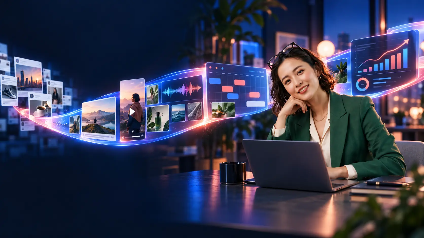 Aiko, the Atlas AI Marketing Agent, beside a ribbon of campaign posts, video and performance panels