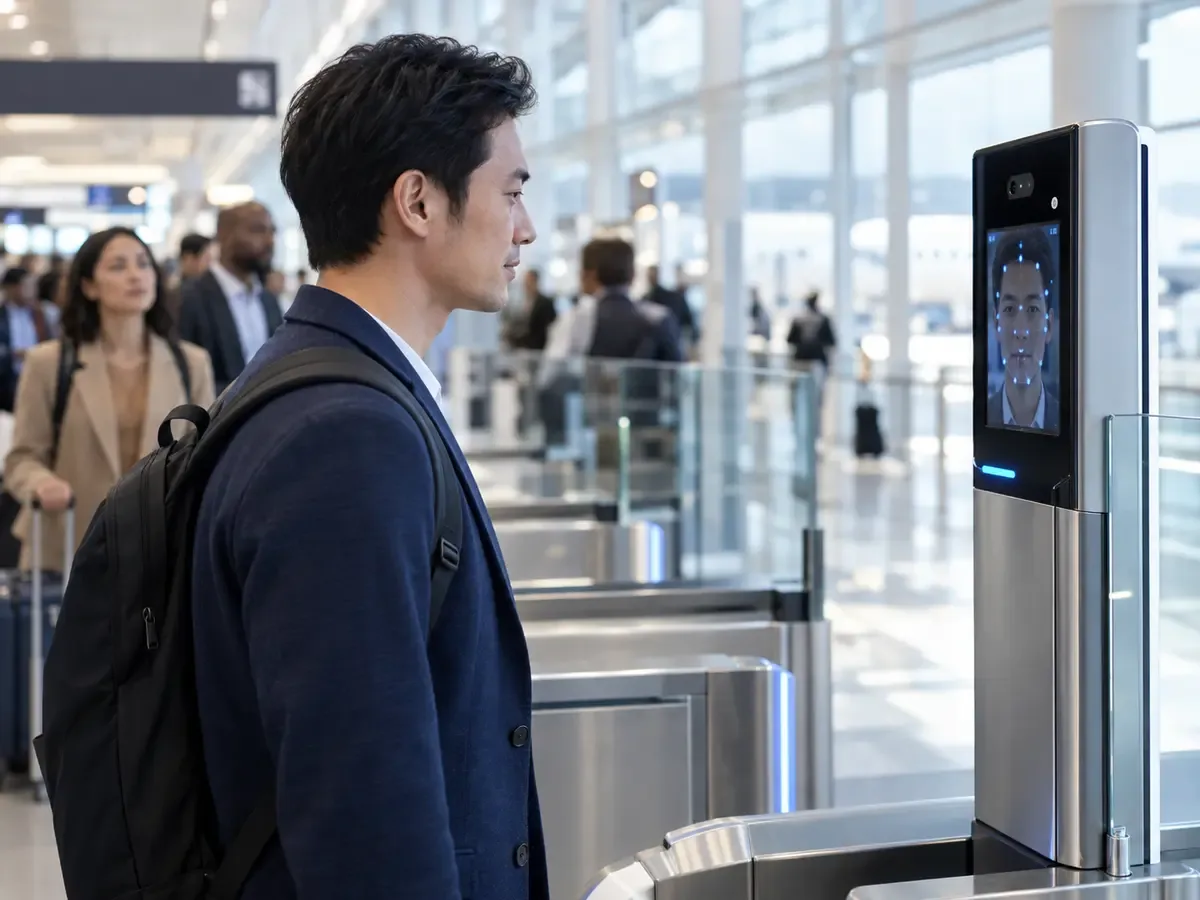 空港の自動化ゲートで顔認証を利用する旅客
