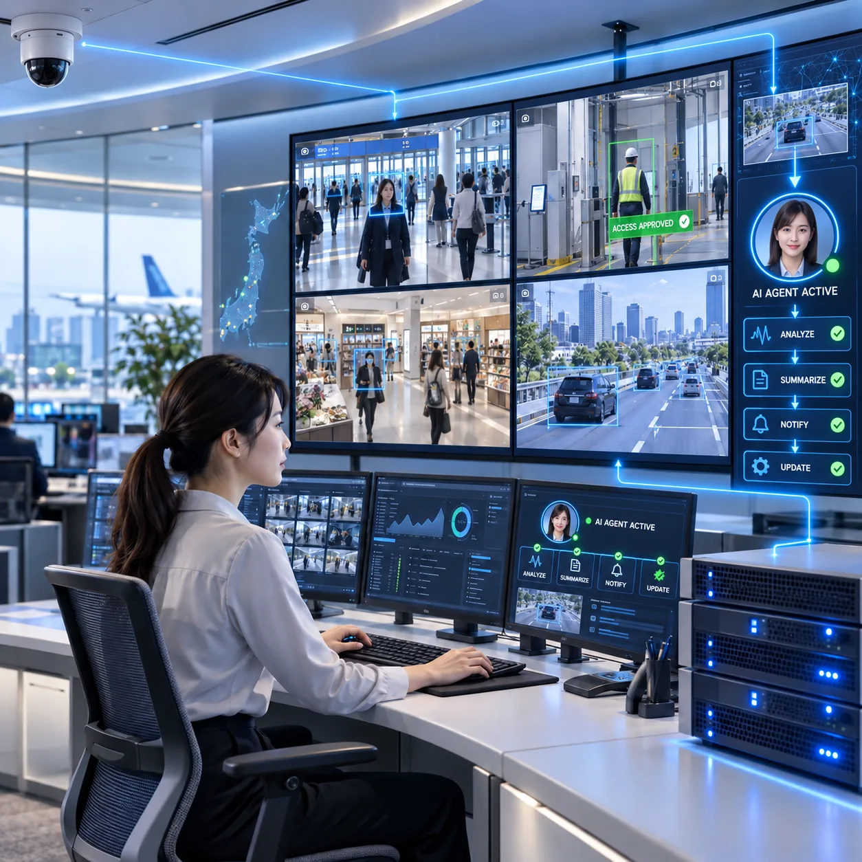 Illustration of an operations centre: a video wall showing airport, factory, retail and roadway camera views with face recognition and an AI agent workflow, watched from an analyst desk