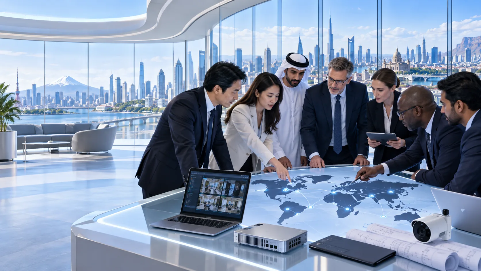 世界地図が映る明るいテーブルを囲む各地域のビジネスパーソン。手前にノートPC、エッジ機器、ネットワークカメラが置かれています