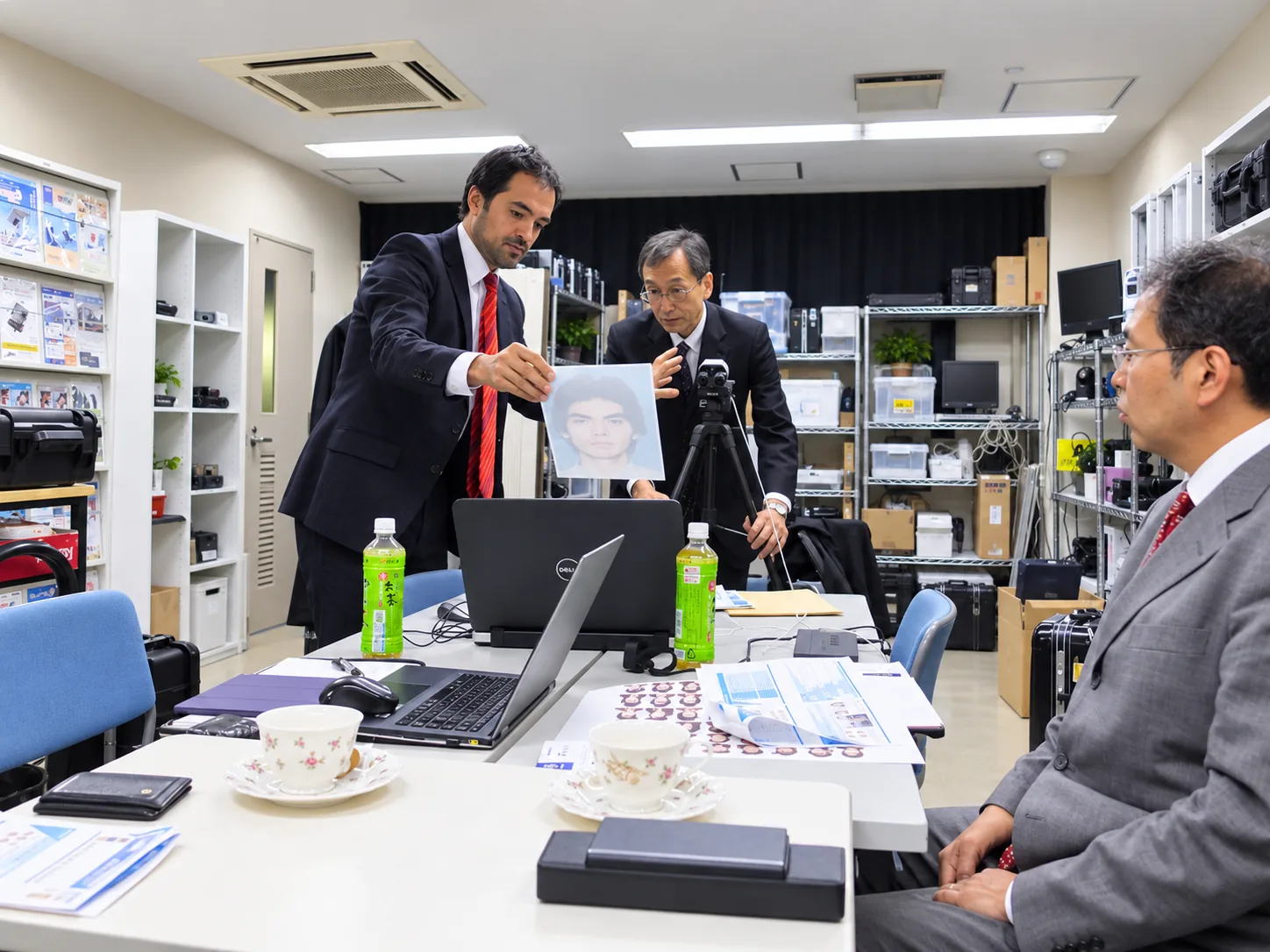 打ち合わせ用のテーブルを囲む3人。1人が開いたノートPCの脇で印刷した顔写真を掲げ、三脚のネットワークカメラが室内に向いています。周囲の棚には機材ケースが並んでいます。