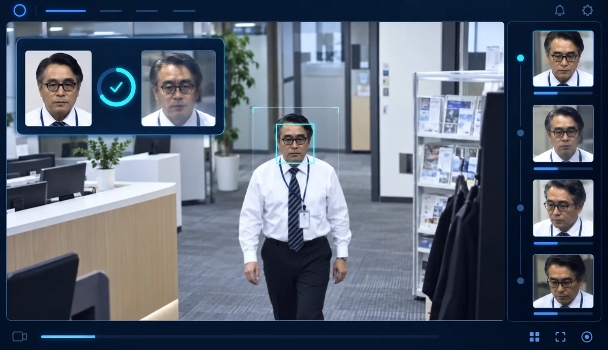 A review console showing an office entrance camera, one face framed by a detection box, a side-by-side comparison with a reference photo marked as matching, and a rail of captured face images