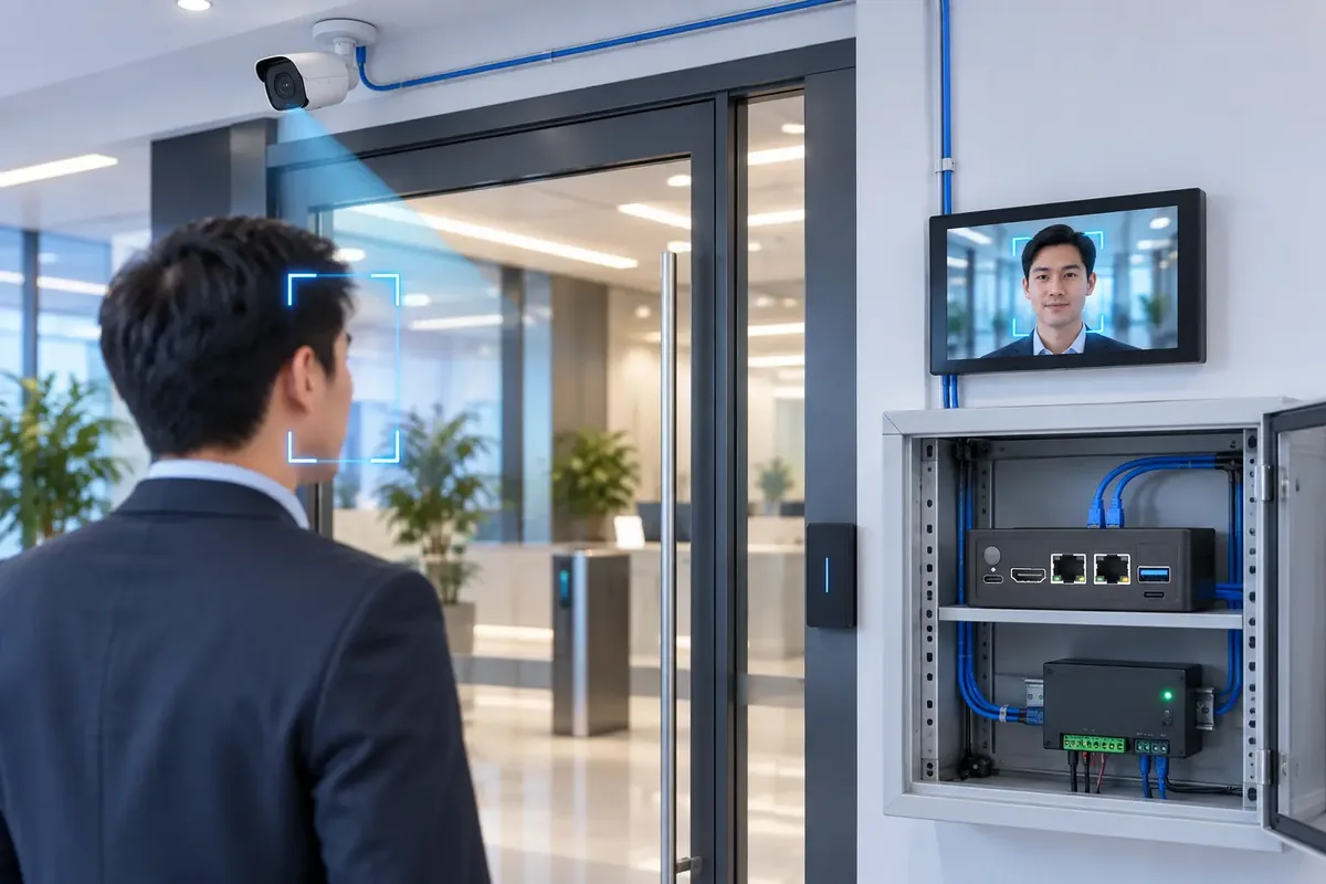 オフィス入口の壁面キャビネットに収められたATLAS BOX。天井のカメラと、照合結果を表示するモニターに接続されています