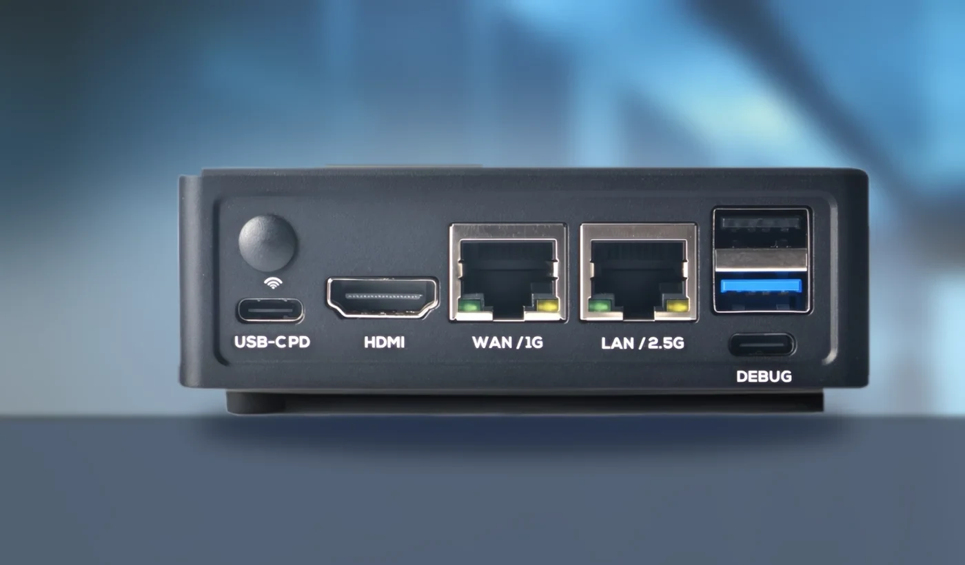 ATLAS AIBOXの背面パネル。USB-C、HDMI、WAN、LANの各ポートが見える