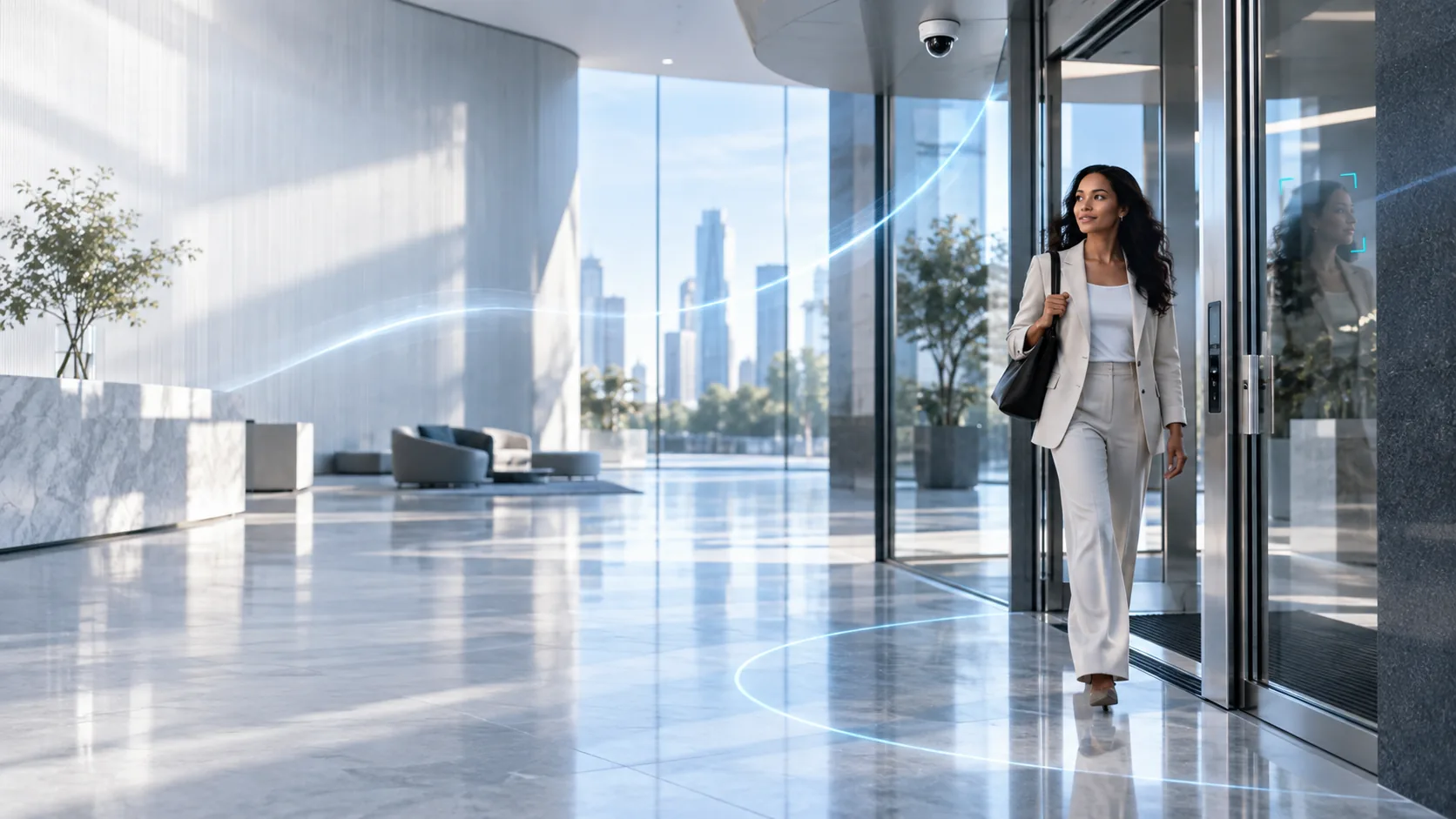 A person walking through the glass entrance of a bright office lobby, watched by a ceiling-mounted dome camera