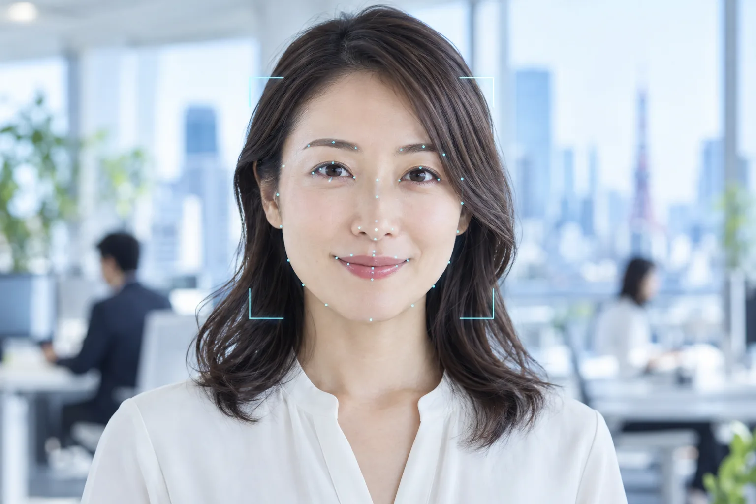人物の顔全体で追跡される顔解析の特徴点