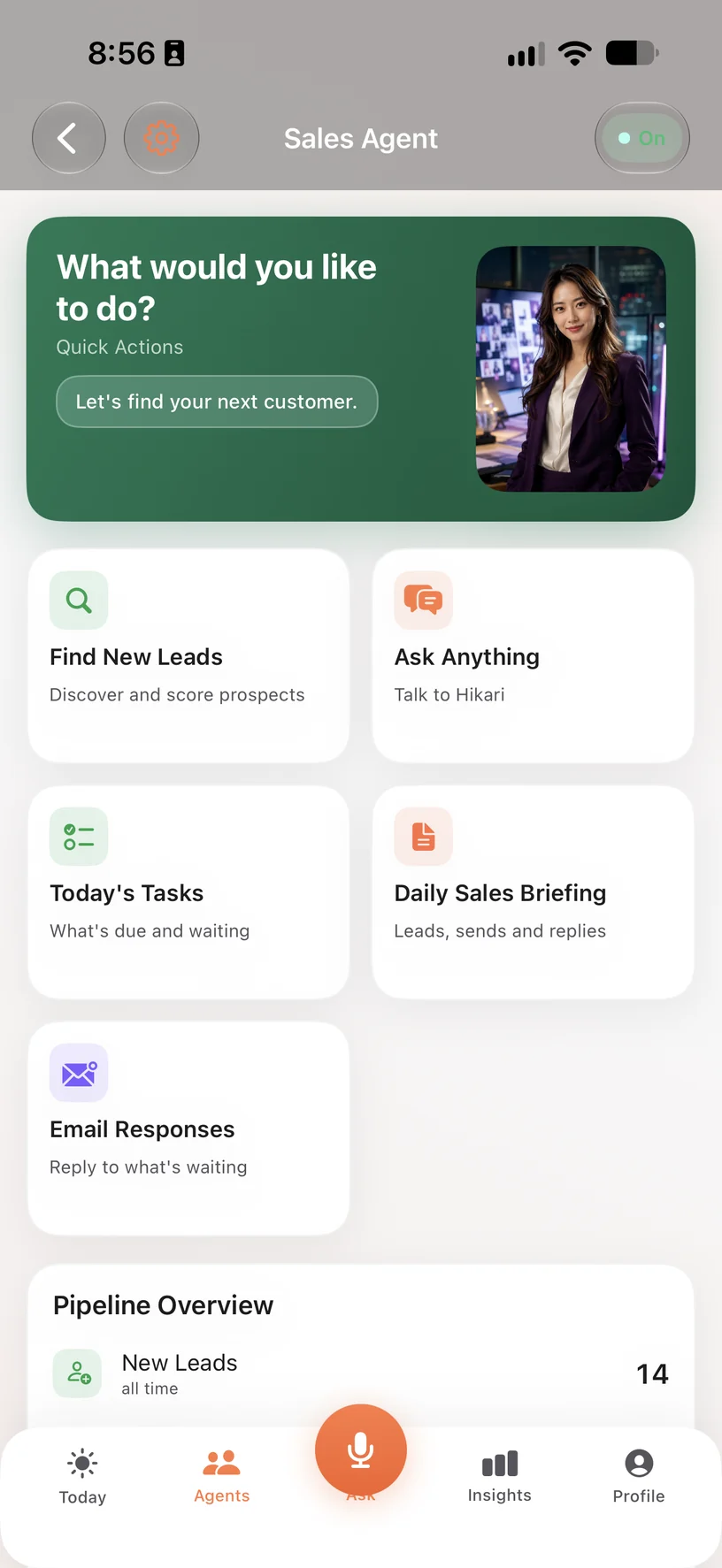 iPhone版ATLAS AIエージェントアプリの営業エージェント画面。見込み客の探索、本日のタスク、日次営業ブリーフィング、パイプライン概況が並ぶ