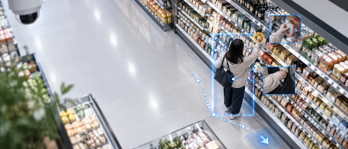 An overhead camera view of a supermarket aisle, with a shopper's path traced along the floor and two moments of product handling picked out