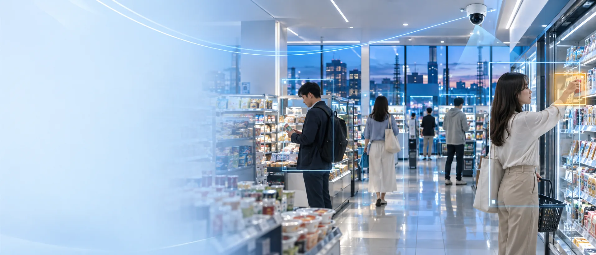 A convenience store aisle seen from the shop floor, with camera coverage drawn over shoppers at the chiller and the shelves