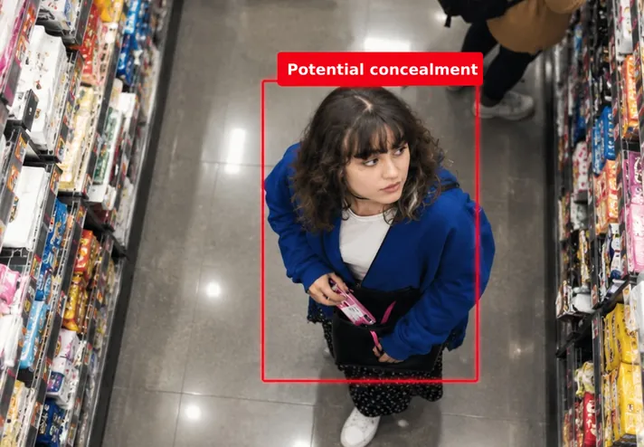 An example overhead store camera frame of a shopper putting an item into a bag in an aisle, inside a detection box marked as a potential concealment