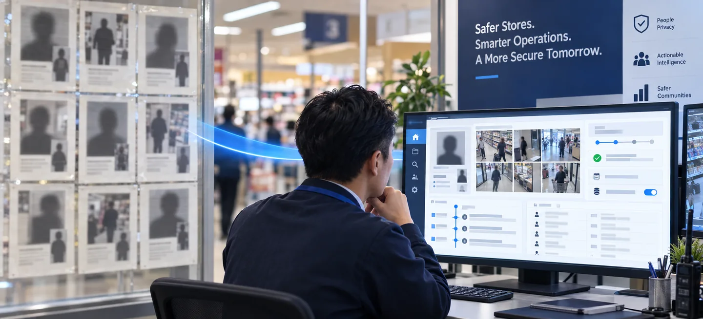 A retail security office where a wall of printed, anonymised incident notices sits beside a secure digital case workspace on screen