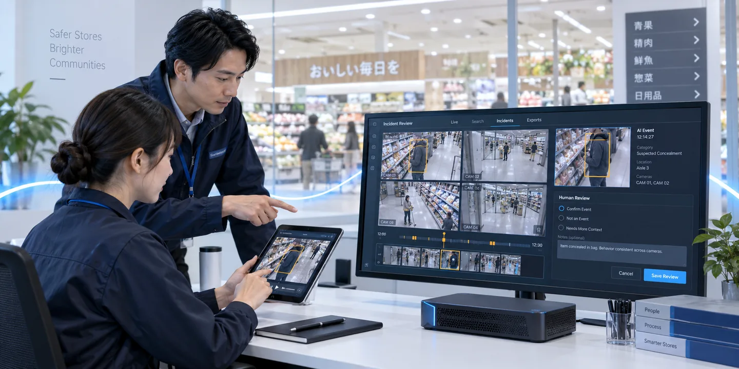 Two loss-prevention staff reviewing a multi-camera video event together at a desk, one on a tablet and one at a monitor