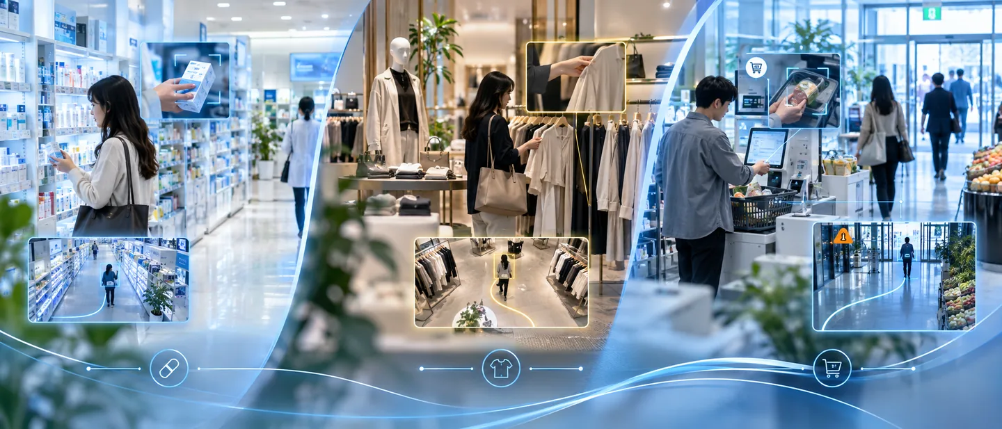 A pharmacy aisle, a fashion floor and a grocery self-checkout, each with camera coverage drawn over the scene