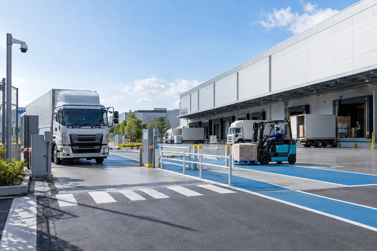 A truck at the gate of a distribution centre while a forklift moves a pallet along a marked lane beside the loading docks