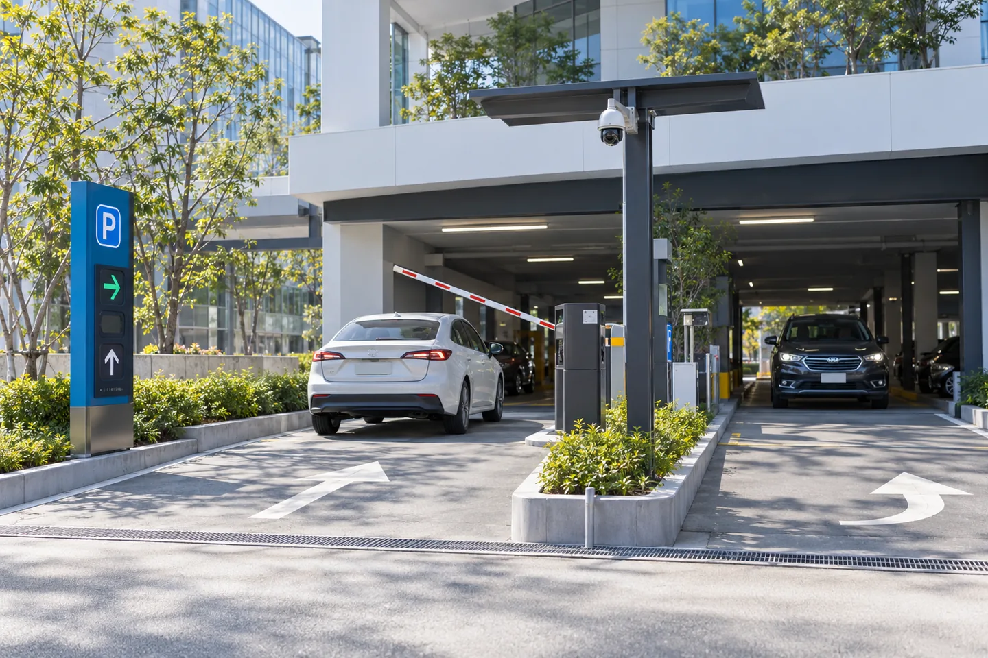 Cars entering and leaving a covered car park past a raised barrier, with a camera on a pole above the entrance lane
