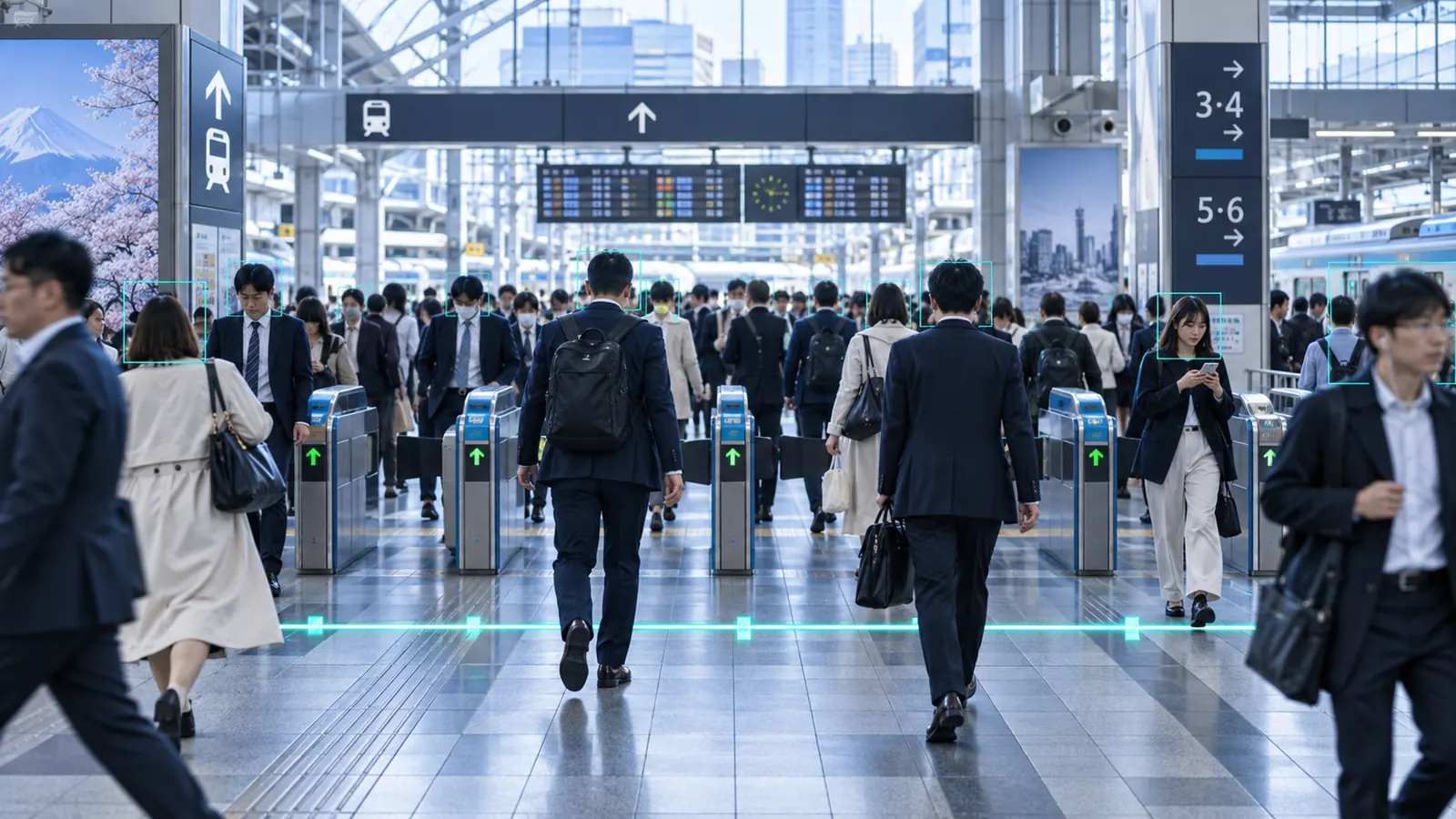監視対象の建物入口を通行する人々