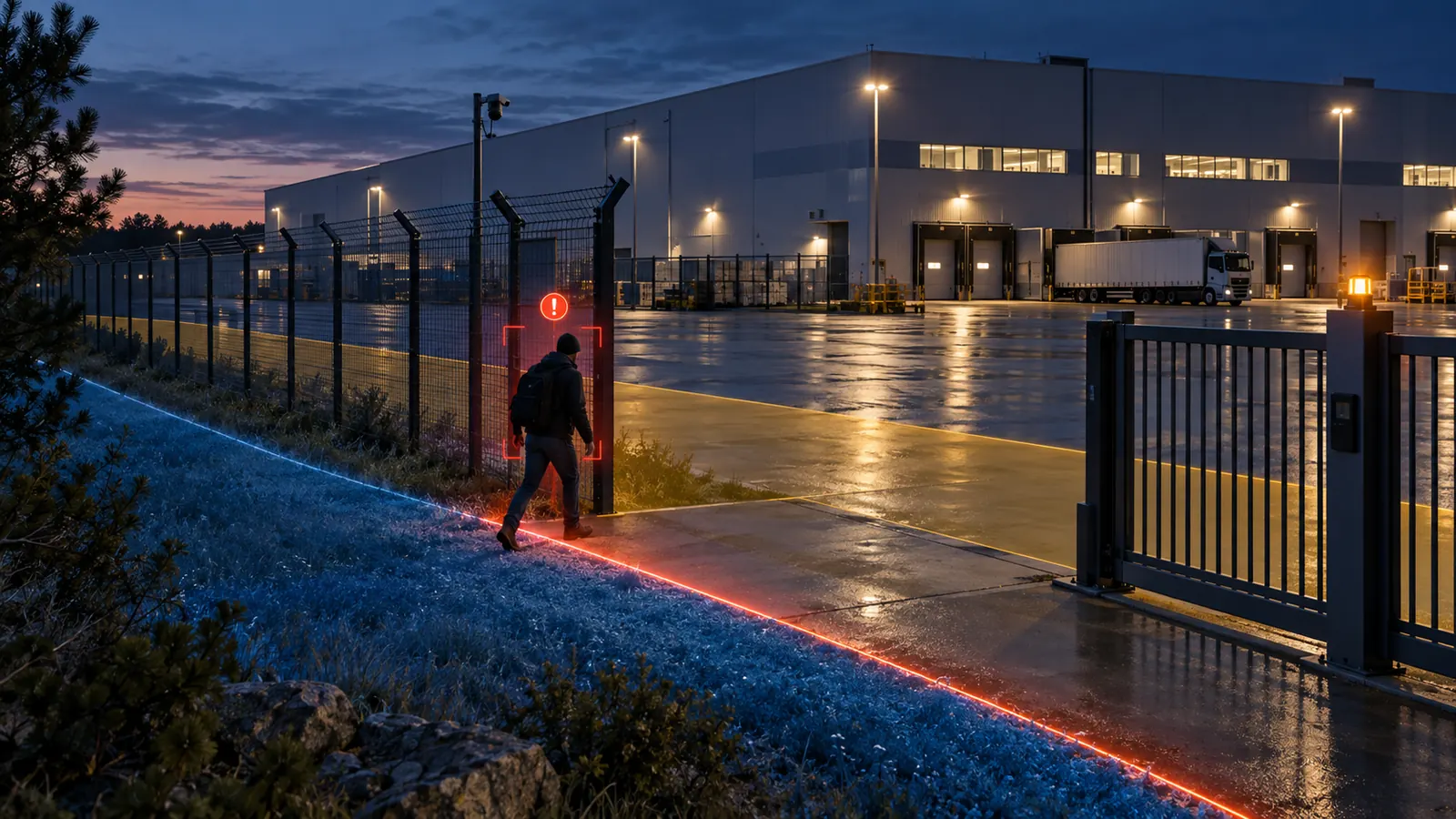 A person crossing a marked boundary at a factory perimeter fence, with the boundary drawn as an analytics overlay