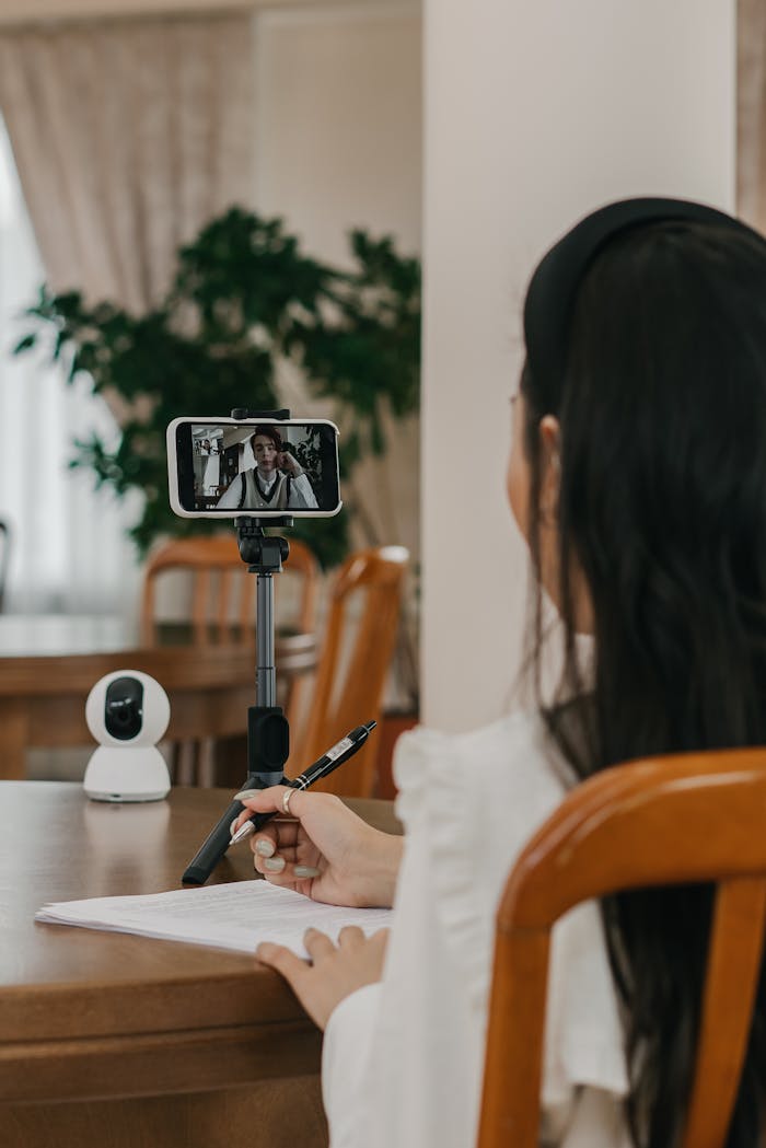 A Person on a Video Call Sitting at a Table with a CCTV Unit